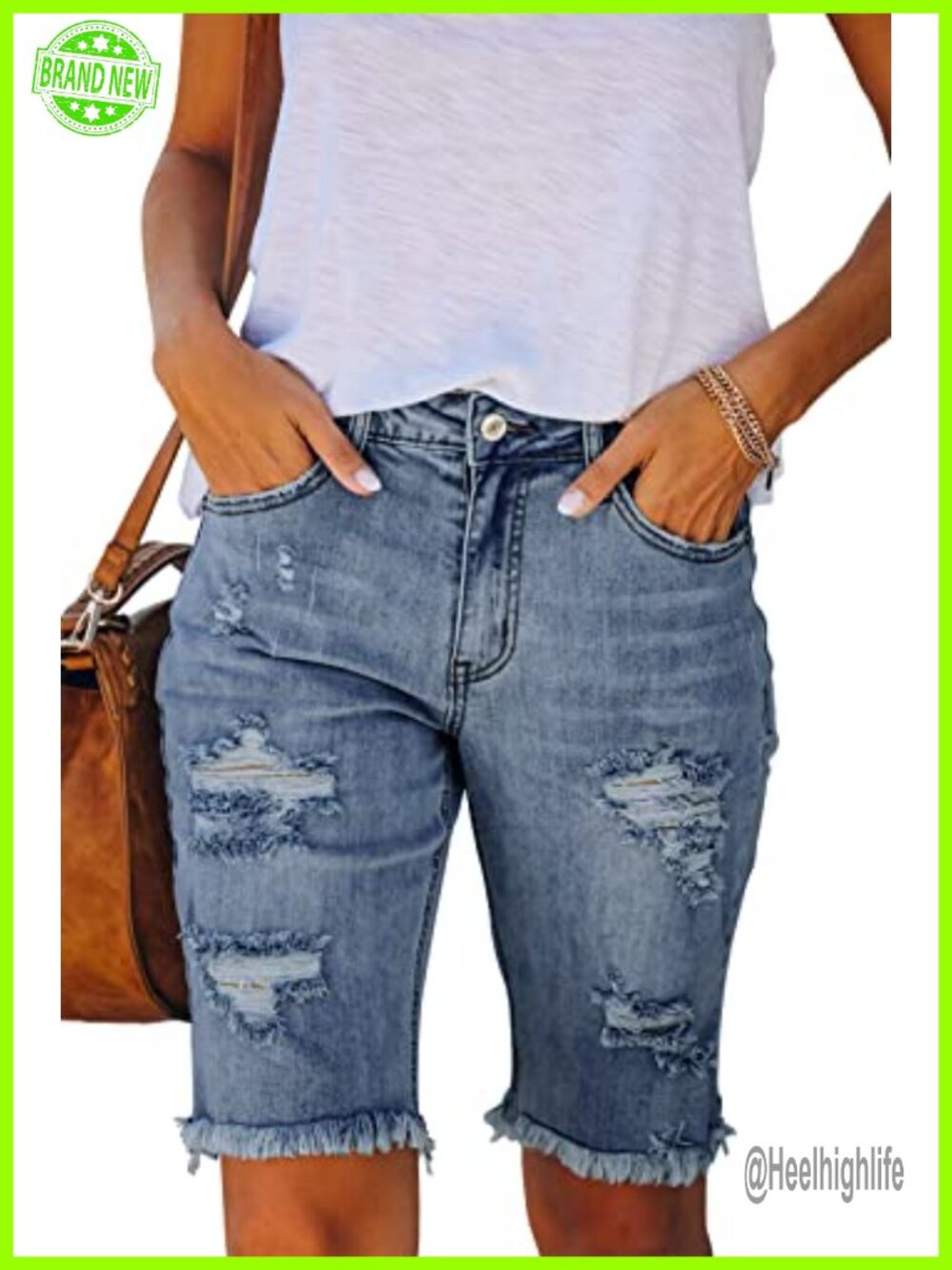Mid Rise Stretchy Ripped Denim Bermuda Shorts 10 Inch Inseam Slim Fit